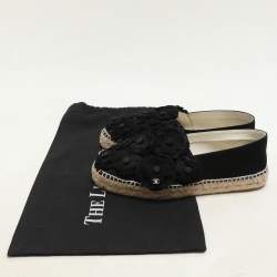 Chanel Black Suede Camelia CC Espadrille Flats Size 37