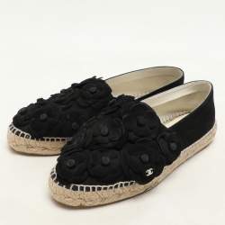 Chanel Black Suede Camelia CC Espadrille Flats Size 37