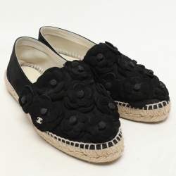 Chanel Black Suede Camelia CC Espadrille Flats Size 37