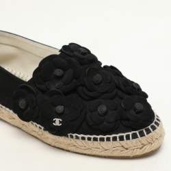 Chanel Black Suede Camelia CC Espadrille Flats Size 37