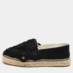 Chanel Black Suede Camelia CC Espadrille Flats Size 37