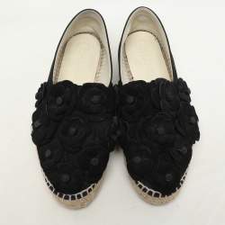 Chanel Black Suede Camelia CC Espadrille Flats Size 37