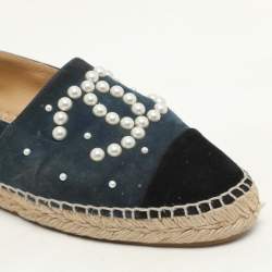 Chanel Teal and Black Suede Faux Pearl CC Espadrilles Flats Size 37