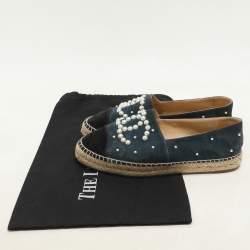 Chanel Teal and Black Suede Faux Pearl CC Espadrilles Flats Size 37