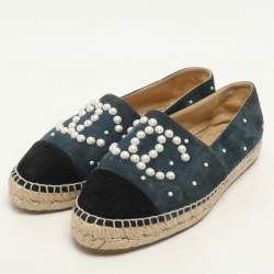Chanel Teal and Black Suede Faux Pearl CC Espadrilles Flats Size 37