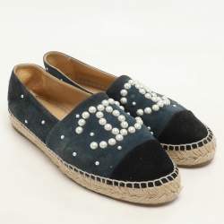 Chanel Teal and Black Suede Faux Pearl CC Espadrilles Flats Size 37