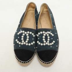 Chanel Teal and Black Suede Faux Pearl CC Espadrilles Flats Size 37