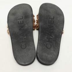 Chanel Metallic Leather CC Camellia Chain Link Detail Slides Size 37