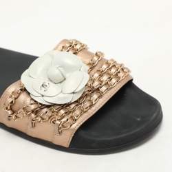 Chanel Metallic Leather CC Camellia Chain Link Detail Slides Size 37