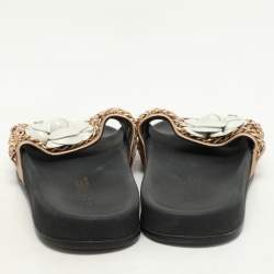 Chanel Metallic Leather CC Camellia Chain Link Detail Slides Size 37