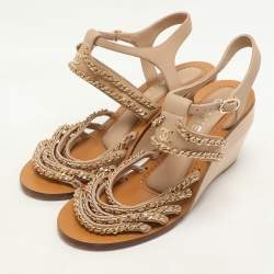 Chanel Beige Leather Chain Embellished Wedge Sandals Size 37