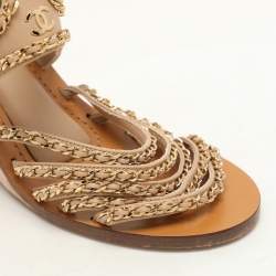 Chanel Beige Leather Chain Embellished Wedge Sandals Size 37