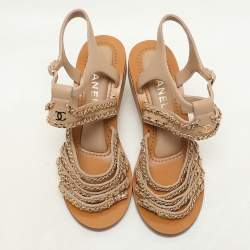 Chanel Beige Leather Chain Embellished Wedge Sandals Size 37