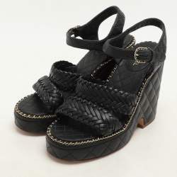 Pre Owned Chanel Black Leather CC Chain Link Detail Wedge Platform Sandals Size 37.5