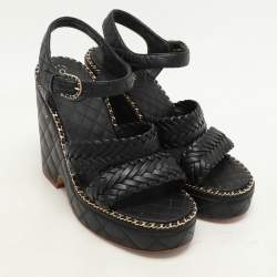 Pre Owned Chanel Black Leather CC Chain Link Detail Wedge Platform Sandals Size 37.5