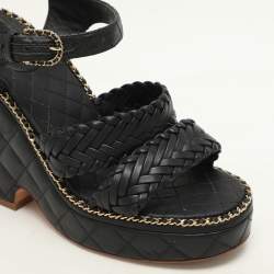 Pre Owned Chanel Black Leather CC Chain Link Detail Wedge Platform Sandals Size 37.5
