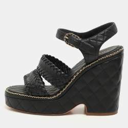 Pre Owned Chanel Black Leather CC Chain Link Detail Wedge Platform Sandals Size 37.5