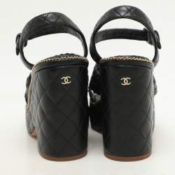 Pre Owned Chanel Black Leather CC Chain Link Detail Wedge Platform Sandals Size 37.5