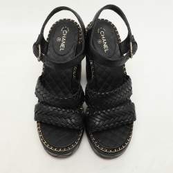 Pre Owned Chanel Black Leather CC Chain Link Detail Wedge Platform Sandals Size 37.5