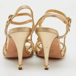 Chanel Metallic Gold Leather CC Camellia Ankle Strap Sandals Size 39