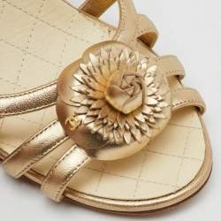 Chanel Metallic Gold Leather CC Camellia Ankle Strap Sandals Size 39