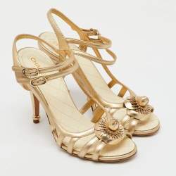 Chanel Metallic Gold Leather CC Camellia Ankle Strap Sandals Size 39