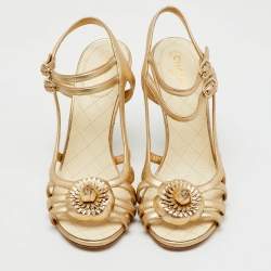 Chanel Metallic Gold Leather CC Camellia Ankle Strap Sandals Size 39