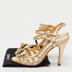 Chanel Metallic Gold Leather CC Camellia Ankle Strap Sandals Size 39