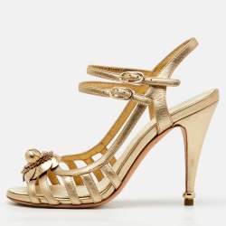 Chanel Metallic Gold Leather CC Camellia Ankle Strap Sandals Size 39