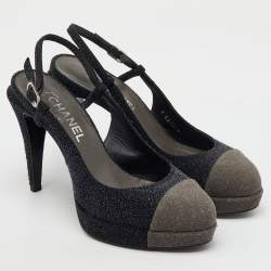 Chanel Black/Grey Glitter CC Cap Toe Slingback Platform Pumps Size 39.5