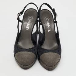 Chanel Black/Grey Glitter CC Cap Toe Slingback Platform Pumps Size 39.5