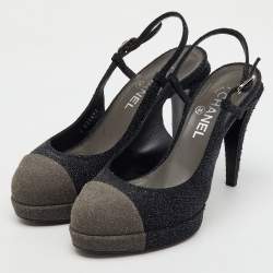 Chanel Black/Grey Glitter CC Cap Toe Slingback Platform Pumps Size 39.5