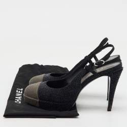 Chanel Black/Grey Glitter CC Cap Toe Slingback Platform Pumps Size 39.5