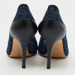 Chanel Navy Blue Lace CC Camellia Crystal Embellished Open Toe Pumps Size 39
