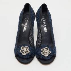 Chanel Navy Blue Lace CC Camellia Crystal Embellished Open Toe Pumps Size 39