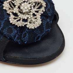 Chanel Navy Blue Lace CC Camellia Crystal Embellished Open Toe Pumps Size 39