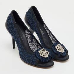 Chanel Navy Blue Lace CC Camellia Crystal Embellished Open Toe Pumps Size 39