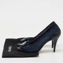 Chanel Navy Blue Lace CC Camellia Crystal Embellished Open Toe Pumps Size 39