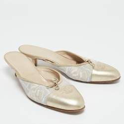 Pre Owned Chanel Gold/White Canvas and Leather CC Cap Toe Mules Size 38.5