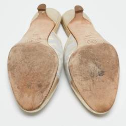 Pre Owned Chanel Gold/White Canvas and Leather CC Cap Toe Mules Size 38.5