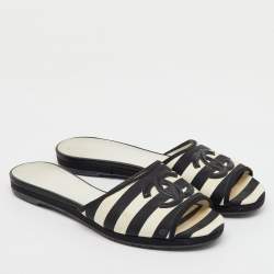 Pre Owned Chanel Black/White Stripe Print Fabric CC Flat Slide Sandals Size 36.5