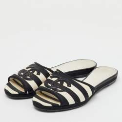 Pre Owned Chanel Black/White Stripe Print Fabric CC Flat Slide Sandals Size 36.5