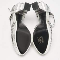 Chanel Silver Laser Cut Leather CC Platform Ankle Strap Pumps Size 38.5 