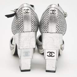 Chanel Silver Laser Cut Leather CC Platform Ankle Strap Pumps Size 38.5 