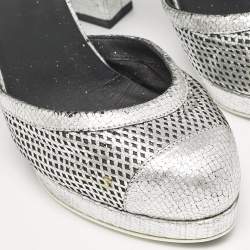 Chanel Silver Laser Cut Leather CC Platform Ankle Strap Pumps Size 38.5 
