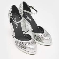 Chanel Silver Laser Cut Leather CC Platform Ankle Strap Pumps Size 38.5 
