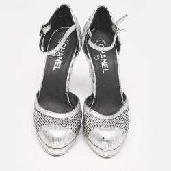 Chanel Silver Laser Cut Leather CC Platform Ankle Strap Pumps Size 38.5 