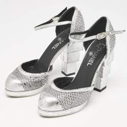 Chanel Silver Laser Cut Leather CC Platform Ankle Strap Pumps Size 38.5 
