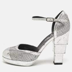 Chanel Silver Laser Cut Leather CC Platform Ankle Strap Pumps Size 38.5 
