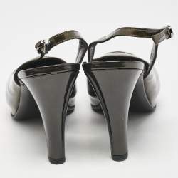 Chanel Grey/Black Patent Cap Toe CC Bow Slingback Pumps Size 39.5